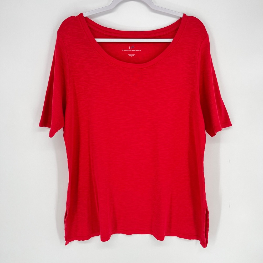 J. Jill Red Pima Cotton Slub Knit Scoop Neck Elbow Sleeve Tee Womens Large - Picture 2 of 9